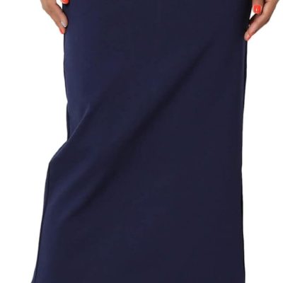 Side Slit High Waist Stretch Ponte Knit Mid Calf Long Pencil Skirt