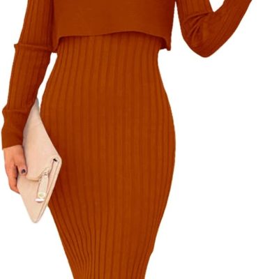 Women's Long Sleeve Sweater Dresses 2 Piece Outfits Sets Ribbed Knit Crop Tops and Tank Bodycon Midi Dress