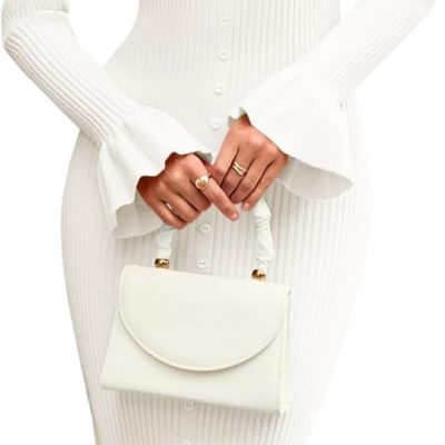 Womens Bell Long Sleeve Sweater Dress Casual Ribbed Knit Ruffle Crewneck Decor Button Bodycon Midi Dresses