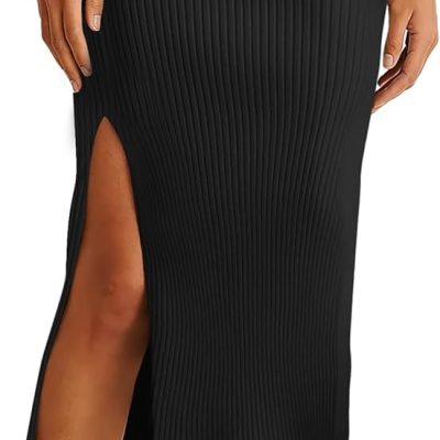 Women Side Split Midi High Waisted Stretchy Ribbed Bodycon Casual Knit Pencil Skirt
