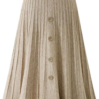 Women Casual Knitted Skirt A Line Pleated Elastic Long Skirts with Buttons