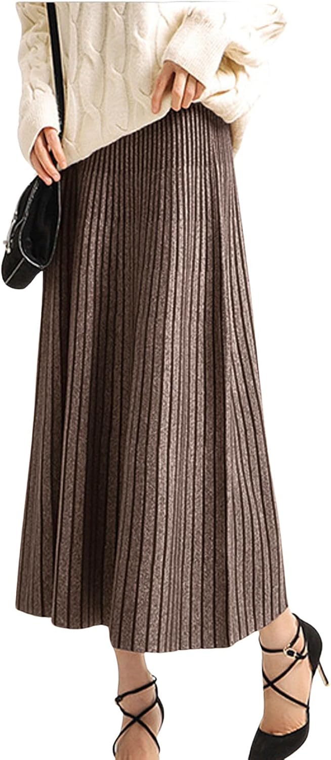 Women's Winter Reversible Stretchy Waist Knitted A Line Pleated Midi Skirt