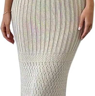 Women's Crochet Knit Halter Dress Deep V Neck Sleeveless Tie Backless Bodycon Long Dresses