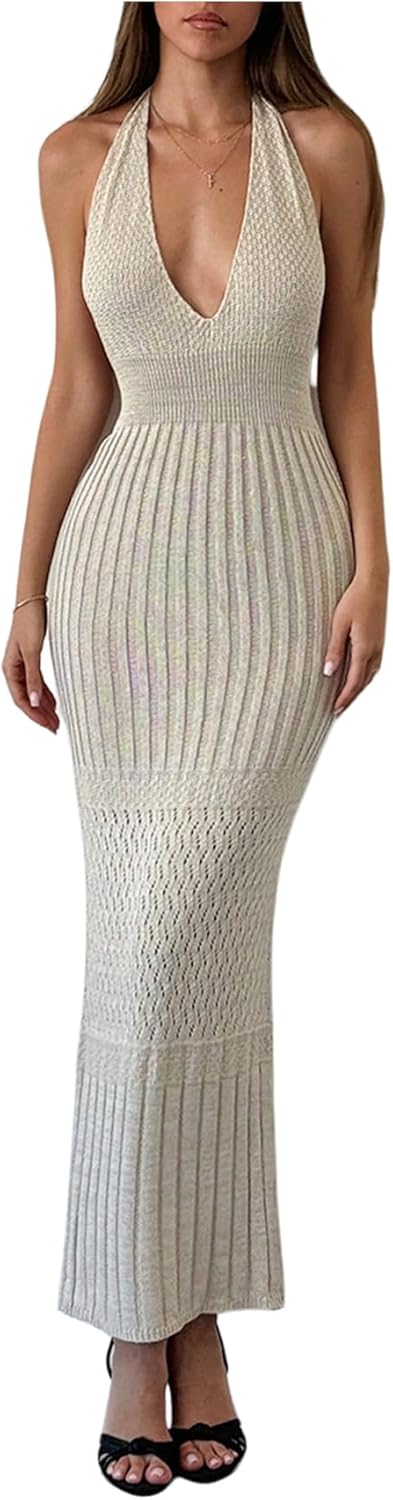 Women's Crochet Knit Halter Dress Deep V Neck Sleeveless Tie Backless Bodycon Long Dresses