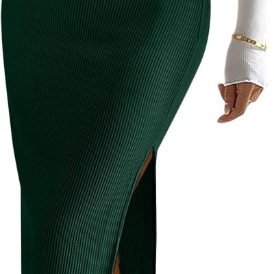 Women's Casual Midi Ribbed Knit Skirt with Side Slit Stretchy Work Business Casual Pencil Pull-On Skirts