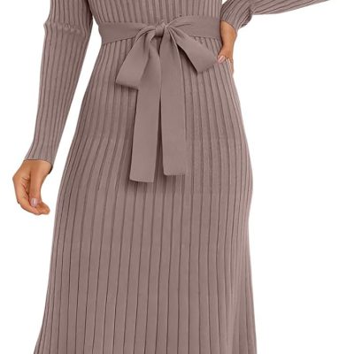 Womens Long Sleeve Fall Dress 2025 V Neck A-line Tie Waist Ribbed Knit Bodycon Midi Sweater Dresses