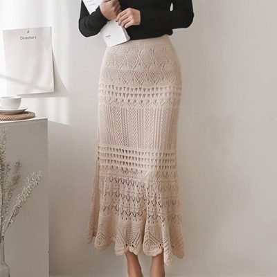 Women's Stretched High Waist Crochet Hollow Out Knit Flowy Patterned Lace Maxi Skirt