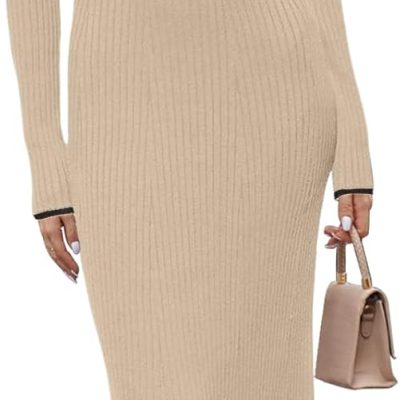 Women's Long Sleeve V Neck Sweater Dress Button Ribbed Knit Slim Fit Elegant Maxi Dresses