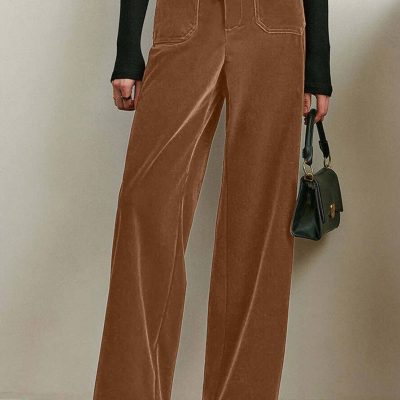 Coffee Straight Loose Drawstring Elastic High Waist Fleece Pants
