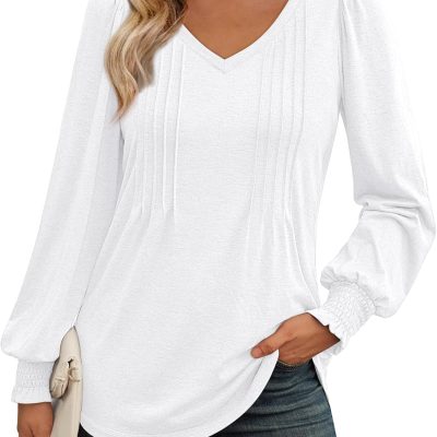 Women Long Sleeve Shirts V Neck Fall Casual Tops Fashion Outfits Loose Fit Plea Front Tunic Clothes 2025