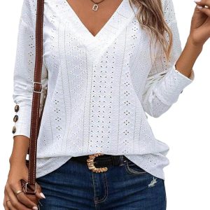 women Tops Dressy Casual V Neck Long Sleeve Buttons Hollow Out Lace Embroidered Blouses Shirts