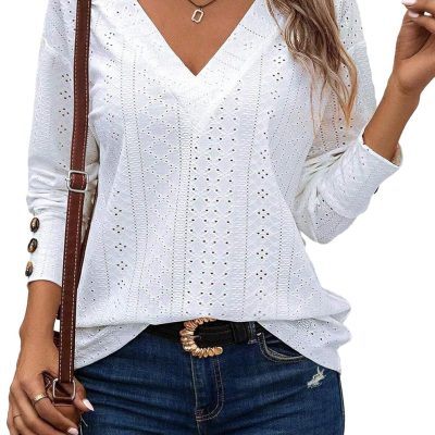 women Tops Dressy Casual V Neck Long Sleeve Buttons Hollow Out Lace Embroidered Blouses Shirts