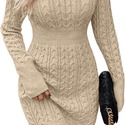 Women's Cable Knit Sweater Dress Long Sleeve Knit Fall Winter Dresses Crewneck Mini Pencil Dresses