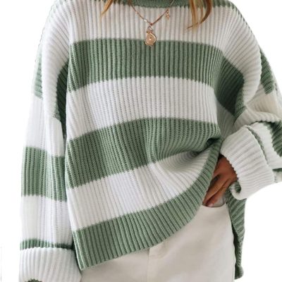 Women Fall Long Sleeve Crew Neck Striped Color Block Comfy Loose Oversized Knitted Pullover Sweater