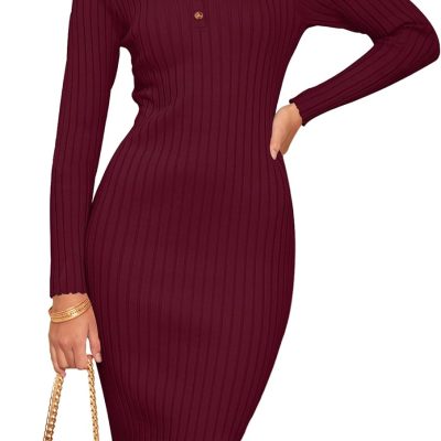 Womens 2025 V Neck Ribbed Sweater Dress Long Sleeve Bodycon Knit Midi Dresses
