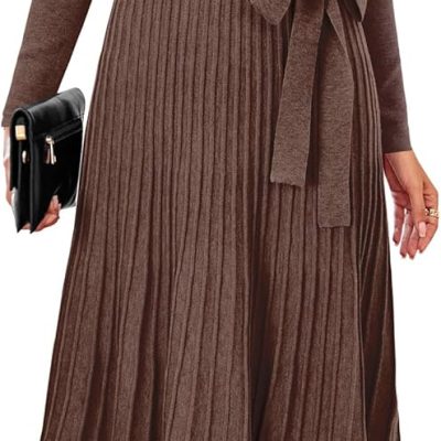 Women's Wool Blend Tie Waist Pleated Fall Sweater Dress 2025