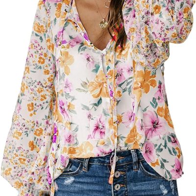 women Casual Boho Floral Print V Neck Long Sleeve Drawstring Tops Loose Blouses Button Down Shirts