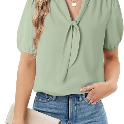 Blouses for Women Dressy Short Sleeve Tie Knot V Neck Shirts Business Casual Tops