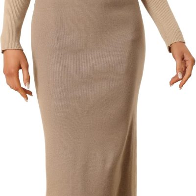 Women's Sweater Skirts Ribbed Knit Elastic High Waist Stretchy Slit Casual Office Pencil Midi Skirt