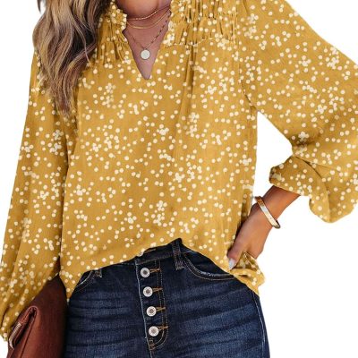 women Casual V Neck  Floral Print Smocked Long Sleeve Chiffon Blouses Bohemian Top Shirts