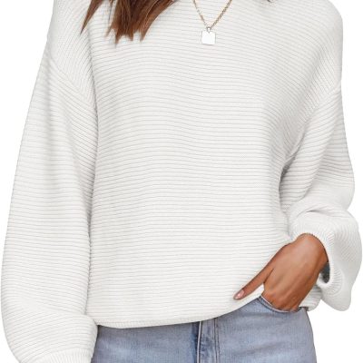 Women Crew Neck Long Lantern Sleeve Casual Loose Ribbed Knit Solid Soft Pullover Sweater Tops
