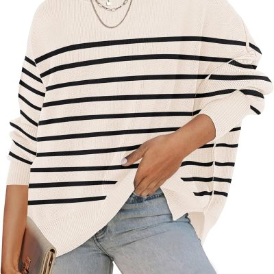 women Fall Casual Long Sleeve Crew Neck Side Slit Oversized Ribbed Knit Pullover Sweater Tops