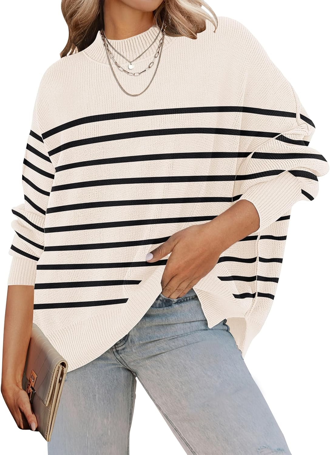 women Fall Casual Long Sleeve Crew Neck Side Slit Oversized Ribbed Knit Pullover Sweater Tops