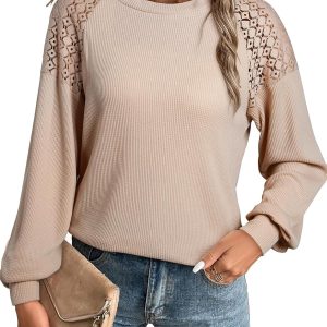 Women Long Sleeve Tops Dressy Casual Crewneck Waffle Lace Patchwork Knit T Shirts Trendy Loose Blouses