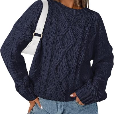 Casual Women Long Sleeve Sweater 2025 Fall Ribbed Knit Pullover Loose Crewneck Cable Sweater Jumper Tops
