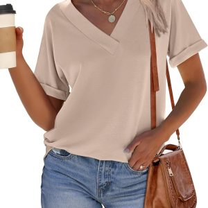 Women Tops Short Sleeve V Neck T-Shirts Summer Loose Fit Dressy Business Casual Blouse Shirts 2025 Trendy Clothes