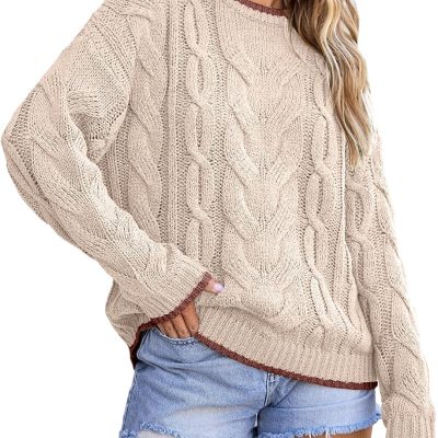 Sweaters for Women Trendy Crewneck Long Sleeve Color Block Sweater Tops Fall 2025 Chunky Cable Knit Pullover Sweaters