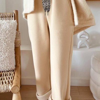 Fleece Lined Leopard Drawstring Elastic Waist Solid Pants