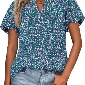 Boho Short Sleeve Floral Work Blouses for Women Dressy Casual V Neck Puff Sleeve Loose Chiffon Flowy Tops Shirts