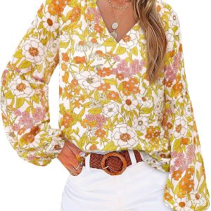 Women Casual Boho Blouse Dressy Floral Puff Long Sleeve Shirts V Neck Lightweight Chiffon Summer Fall Tops 2025