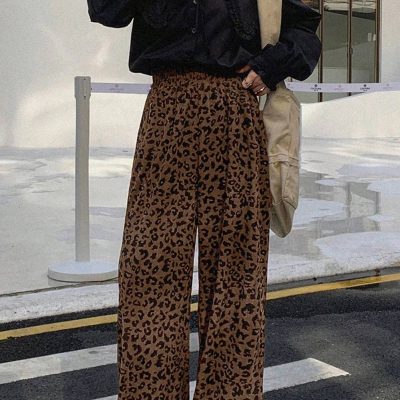 Dark Brown Leopard Print Elastic High Waist Loose Corduroy Pants