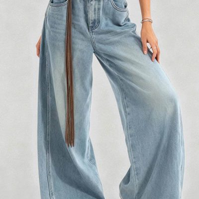 Ladies Washed Fleece Lined Wide Leg Denim Pants